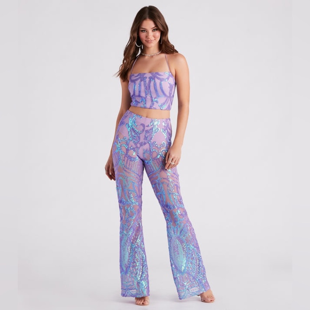 Glitzy Night Out Sequin Crop Top & Flare Pant Set